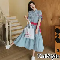 在飛比找蝦皮商城優惠-【UniStyle】撞色短袖洋裝 韓系條紋收腰顯瘦襯衫裙 女