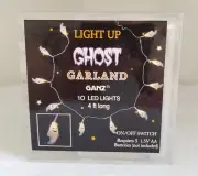Halloween Light Up Garland White Ghost 10 LED String Lights Battery Operated New
