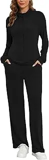 [Famulily] Cowl Neck Womens Tracksuit Sets Drawstring Long Sleeve Pullover Top and Elastic Waist Wide Leg Pants with Pockets, Black, L