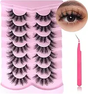 linzezon Fox Eye Lashes 3D Faux Mink False Eyelashes with Tweezers D Curl Fluffy Natural Look Strip Lashes (E900)