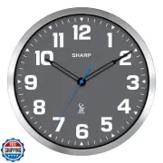 SHARP Atomic Analog Wall Clock - 12" Grey Face, Silver Brushed Finish - Sets