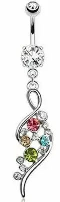 Belly Button Ring Elegant Leaf with Multi-Color CZ Paved Dangle Navel Ring 316L