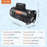 VEVOR 1 HP Pool Pump Motor, 56Y Frame, 115V(9 Amps)/230V(4.5 Amps) 3450RPM, 60Hz