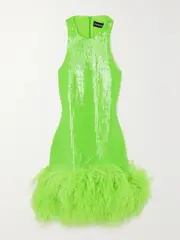 [DAVID KOMA] DAVID KOMA - Feather-trimmed Sequined Chiffon Mini Dress - Green - UK 12 UK 12 Green