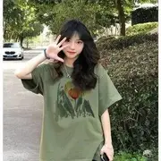 Short-Sleeve Round Neck Flower Tee Green - 2XL