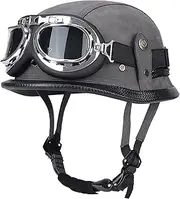 Retro Motorbike Crash Half Helmet with Goggles Retro Vintage Style Open Face Jet Helmet PU Leather Handmade for Motorcycles/Scooters/Moped/Cruise/Electric Vehicles Certification