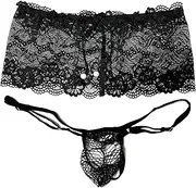 [BTREEFLO] Men's Lace Frilly Sissy Thong Panties Two-Piece Set Sexy Sheer Mesh G-String Bikini Briefs Underwear Skirt Sissy Pouch for Men Black, Black, One Size