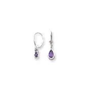 14k White Gold 8x5mm Pear Amethyst Checker leverback Earrings