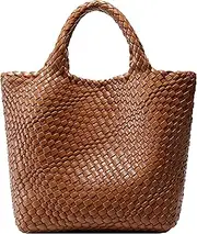 [Queenoris] Woven Bag for Women, Vegan Leather Tote Bag Large Summer Beach Travel Handbag and Purse Retro Handmade Shoulder Bag
