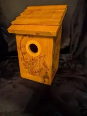 Bird House With Pyrography Of Birds. Handmade