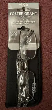 Foster Grant Rectangular Reading Glasses W/Case +1.00 Titanium