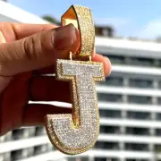 2.70Ct Round Cut Simulated Diamond Mens J Letter Pendant 2.5" Yellow Gold Plated