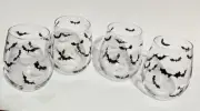 Halloween Wine Glasses Stemless Set Of 4 Bats 20 Oz NEW Spooky Clear W/ Black