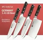 Knife Set Chef Cleaver Santoku Utility Stainless Steel Full Tang Wood Handle 4Pc