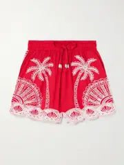 [Farm Rio] Farm Rio - Scalloped Broderie Anglaise Cotton Shorts - Red - x small x small Red