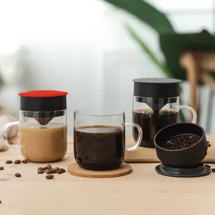 【PO:Selected】丹麥咖啡泡茶兩件組 (咖啡玻璃杯240ml-灰/試管茶格-藍)