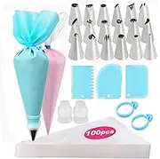 100 Piece 12 Inch Disposable Piping Bags and Tips Set, 126 Pcs Cake Decorating with 18 Frosting Tips,1 Reusable Piping Bags, 2 Couplers, 2 Bag Ties & 3 Cake Scrapers, Cake Icing Kit