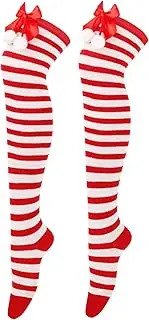 [Wedhapy] Christmas Thigh High Socks with Bow Over The Knee Socks 1 Pair Soft Red and White Striped Knee High Christmas Socks Comfortable Leg Warmers Stocking Gifts for Women Outfit