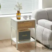 15.74" Modern Rattan Nightstand, End Table with Drawer and Metal Legs, White