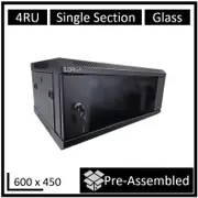LDR Assembled 4U Wall Mount Cabinet (600mm x 450mm) Glass Door - Black Metal Construction - Top Fan Vents - Side Access Panels