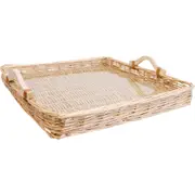 LVD Woven Willow Tray Basket Storage Decor Square w/ Glass 45x45cm Natural