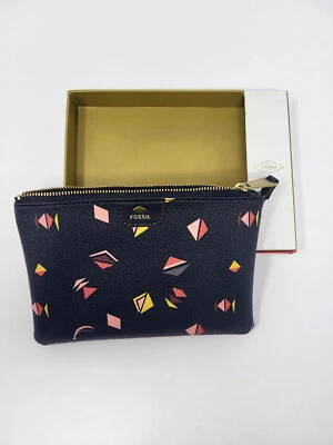 Fossil Black & Coral Leather Retro Triangle Wristlet Wallet Clutch Purse NWT NIB