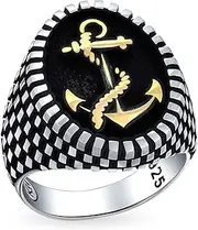 [Bling Jewelry] Personalize Mens Nautical Black Onyx Gemstone Or Etched Brown Wood Inset Large Boat Anchor Signet Ring For Men Solid .925 Sterling Silver Made In Turkey