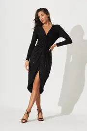 Women's Party Nevis Midi Dress Full Length Sleeve in Black Glitter 22