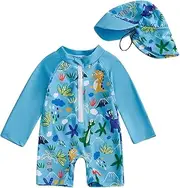 [CocMouse] Toddler Boy Long Sleeve Swimsuit Shark Print Zip-up Bathing Suit with Sun Hat 2 Pcs Rash Guard Swimwear Set
