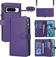 Cavor for Google Pixel 8 Pro Case 6.7 inch PU Leather Folio Flip Wallet Back Cover Magnetic Case with Long Shoulder Lanyard Zipper Coin Purse 9 Card Holder Kickstand Wristlet Strap-Purple