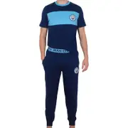 Manchester City FC Manchester City Mens Pyjamas Long Premium Set OFFICIAL Football Gift Navy/Sky Blue XXL