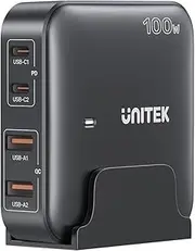 100W Desktop GaN Charging Station, Supports USB-C*2 PD3.0 (100W) + USB-A*2 QC3.0 (22.5W), 1.5M AC Power Cord, Compatible with Phones, Tablets, Switch and laptops, Black