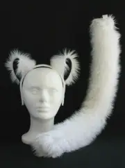 WHITE & BLACK furry CAT HEADBAND EARS & TAIL SET anime cosplay Halloween costume