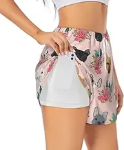 [WURTON] French Bulldog and Flowers Print Exercise Gym Workout Shorts Women's Athletic Shorts Dual-Layered Yoga Running Shorts