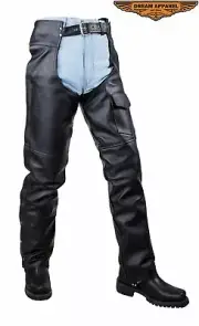 Men's Motorcycle Naked Cowhide Leather Chaps w/ Side Zipper Runs & 1 Pocket