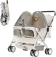 Double Pet Stroller, Foldable Stroller for 2 Dogs & Cats, Two-Seater Carrier Twin Dog Walk Jogger Travel Pet Carriage Cart with Storage, Gray
