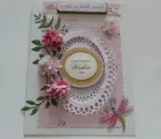 Anna Griffin Like "Birthday Wishes" Pink w/Flowers 3D Handmade Layered Card