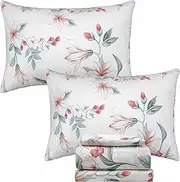 [Helthep] Floral Sheet Set Queen, 100% Cotton White Floral Printed Sheets Botanical Lily Pattern Sheets Red Chic Flower Green Leaves Luxury Percale Sheet with 17.5" Deep Pocket, Vintage French Bedding