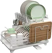 Uptyia 2-Tier Dish Racks, Dish Strainers with Drainer, Cutting Board & Cutlery Holder, Space-Saving Kitchen Counter Dish Drainer (White, Metal with Plastic Tray)