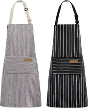 Lertenys 2 Pack Kitchen Cooking Aprons, Adjustable Bib Soft Chef Apron with 2 Pockets for Men Women(Black/Brown Stripes)