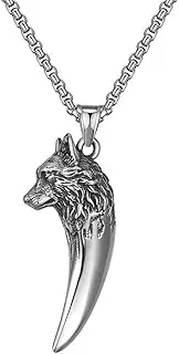 [TYMONT] Nordic Hip Hop Retro Wolf Head Stainless Steel Necklace, Viking Men's Wolf Tooth Pendant with Sweater Chain Jewelry