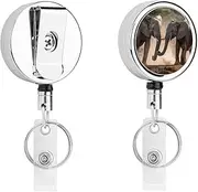 [YJWANDL] Compact Stainless Steel ID Holder with Retractable Cord, Two Elephants Playing Print Lightweight And Durable Everyday ID Holder, White