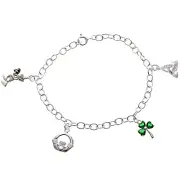 Sterling silver Irish charm bracelet with Shamrock Trinity Leprechaun & Claddagh