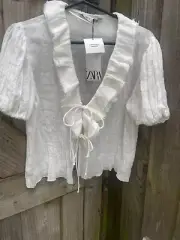NEW ZARA ROMANTIC LINEN BLEND SHORT SLEEVE BLOUSE SIZE SMALL UK8/10 - 94% LINEN