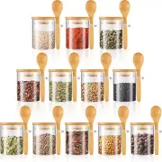 Set of 12 Spice Jars Airtight Glass Jars with Bamboo Lids and Wood Spoons 6 o...