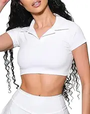 [DaiLiWei] Cropped Polo Shirts for Women Golf Collared Crop Tops Short Sleeve Workout Tennis T-Shirt V Neck Sports Active Tees