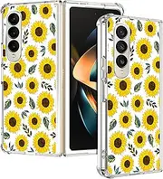 [SuzaCase] Clear Case for Samsung Galaxy Z Fold 4 - Samsung Z Fold 4 5G Case with Stylish Sunflower Watercolored Printed Durable Clear Shockproof Drop Protection Back Case for Samsung Z Fold4