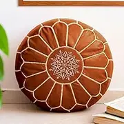 The Moroccan Boho Leather Pouf Ottoman for Living Room - Round Leather Ottoman Pouf Cover - Unstuffed Pouf Ottoman Leather Foot Stool - Pouf Ottoman - Ottoman Pouf Leather (Brown)