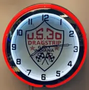 19" US30 Dragstrip Gary Indiana Sign Double Neon Clock Red Neon US 30 Dragway
