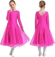 [iEFiEL] Kids Girls Professional Latin Ballroom Dance Dress Long Sleeve Tango Salsa Dancewear Mesh Skirts